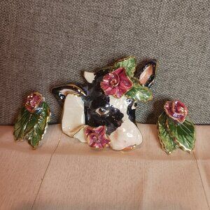 Vintage Fitz and Floyd Cow Brooch and Earring Set